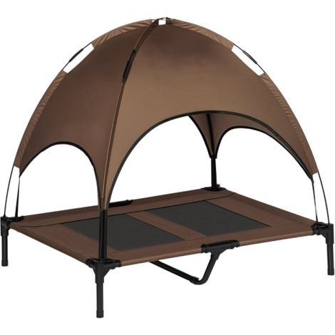 Cama elevada para perros con dosel, cama para mascotas, tumbona exterior para perros con techo, transpirable, tejido de tafetán para camping, color café, 92 x 76 x 90 cm, disponible en el sitio. (1/5)