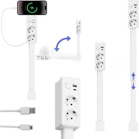 Multiprise avec Ports USB-A, USB-C et 2 Prises Secteur, rallonge Murale Extensible et rotative, idéale pour Les Tables de Chevet, Les canapés, Les Bureaux et Autres endroits Difficiles d'accès. (1/5)