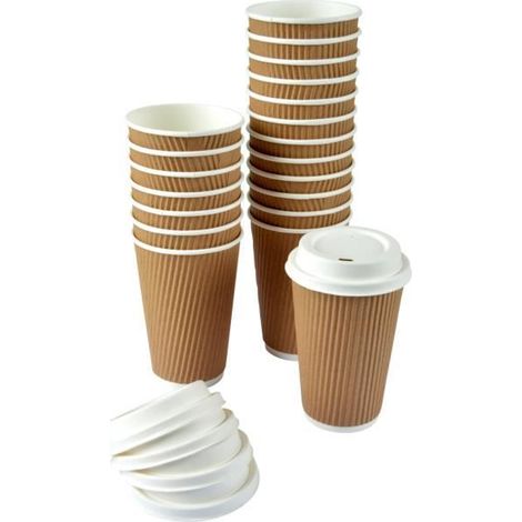 20 gobelets en carton, paroi isolante ondulée, 47 cl, couvercles inclus, vaisselle jetable pour cafés et événements
