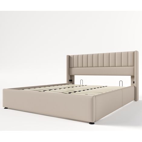 Doppel-Polsterbett mit hydraulischem Bettkasten 180 x 200 cm, Leinenbezug, beige MODENUIT (1/5)