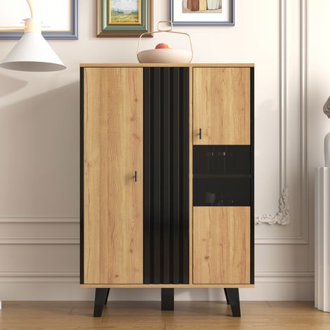 Buffet, Grande Vitrine Armoire 80x120x40 cm avec Éclairage LED, 3 Étagères et Portes Vitrées, Rangement Polyvalent - Noir et Bois