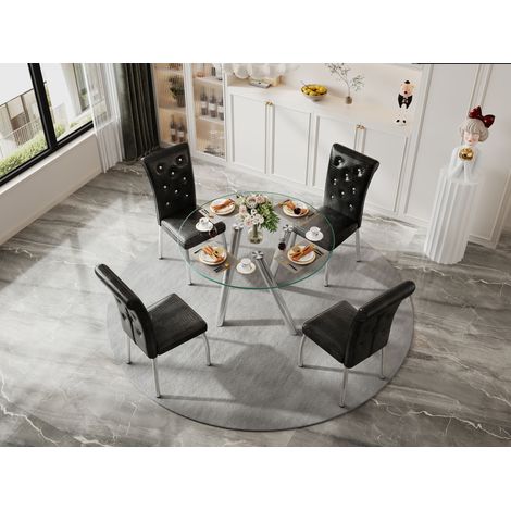 Ensemble de salle à manger 5 pièces pour 4 personnes, table ronde moderne en verre trempé avec pieds en métal argenté et 4 chaises capitonnées noires, mobilier pour cuisine et salle à manger