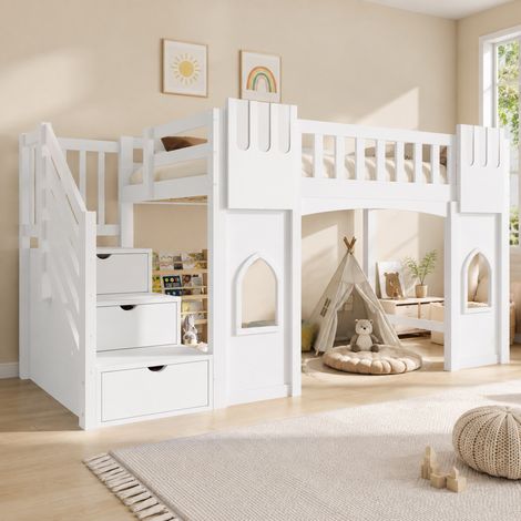 Cama alta (253x95x127.5 cm), con escalera de almacenaje, ventanas, madera de pino, MDF y contrachapado, blanco (1/5)