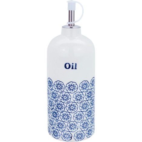 Bouteille distributeur d’huile d’olive 500 ml en porcelaine, motif fleur bleue multicolore, réutilisable, compatible lave‑vaisselle (1/4)