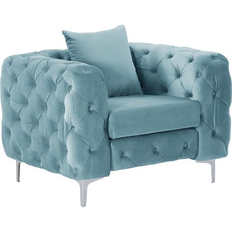 Fauteuil chesterfield en velours bleu pastel EDWINA