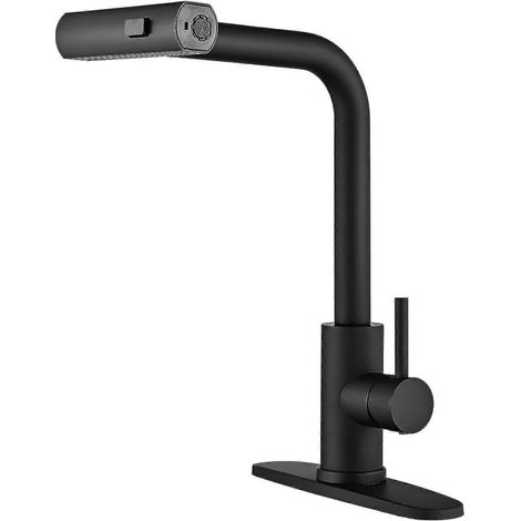 Robinet de cuisine moderne en acier inoxydable avec douchette extensible, bec cascade et 3 modes de débit pour évier monotrou