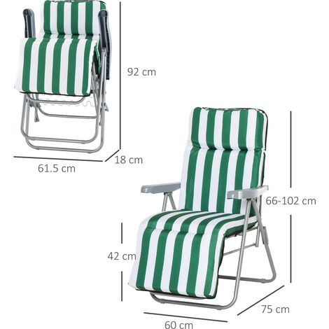 Chaises pliantes,chaise de jardin,chaise longue avec accoudoir,pliable 5 positions,coussin vert-blanc 60 x 75 x 102 cm pour jardin et terrasse