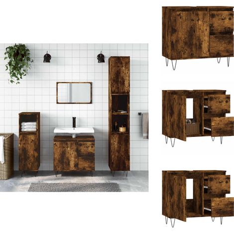 Armoire de bain chêne fumé 65x33x60 cm bois d'ingénierie - Meuble De Salle De Bain - Armoire De Salle De Bain - Rangement Salle De Bain - Commode Salle De Bain - Design Industriel (1/5)