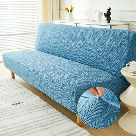 Elastic Click Clack Sofa Cover for 2/3 Seater Sofas, Jacquard Leaf Design, Armless Sofa Cover, Fully Covered Sofa Bed Cover, Folding Sofa Protector (Blue, M: 160-190cm) (1/4)