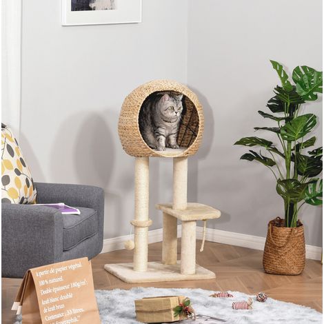 Arbre à chat avec niche 100 cm en MDF et sisal beige OKWISH (1/5)