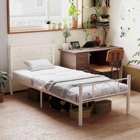Cama individual 96x208x88 cm, con somier integrado, con espacio inferior de 32.5 cm, acero blanco (1/5)