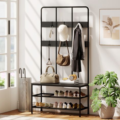 Perchero de pasillo 3 en 1 con zapatero, estilo industrial, con banco, 6 ganchos y 2 estantes para zapatos, 91 x 36 x 180 cm, negro. (1/5)