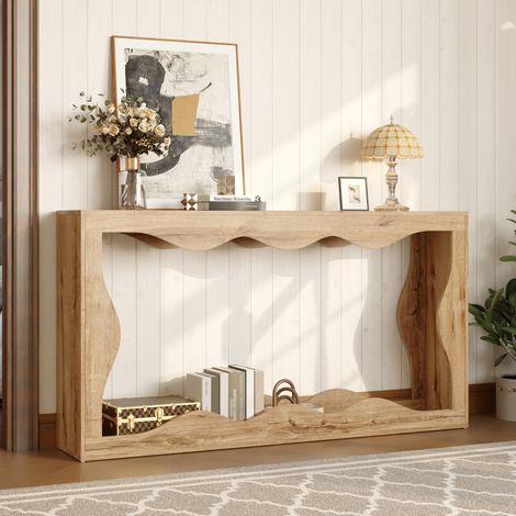 Console 160.5x30x86.5 cm natural en panneau de particules avec étagère ouverte à bord ondulé (1/5)