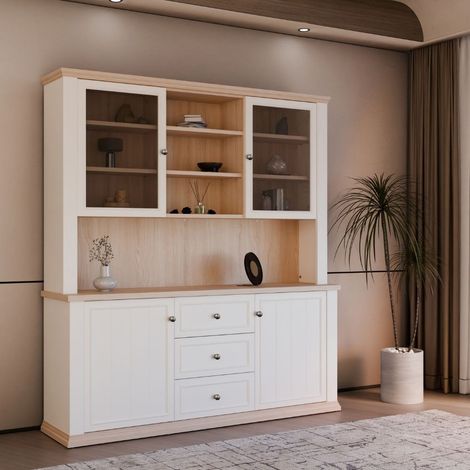 Vetrina Essenza 4 Ante, 3 Cassetti e Nicchie a Giorno bianco e Rovere – Stile Classico Moderno (1/5)