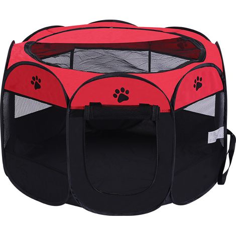 Parc pour animaux octogonal pliable — Enclos de mise bas en maille respirante pour chats et chiens (91 x 91 x 58 cm) — Rouge + Noir