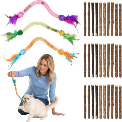Jouets pour Chats à Ressort Interactif avec Boules Herbe à Chat, Plumes, Clochettes 3 Jouet pour Chat avec Herbe à Chat, 30 Bâtons à Mâcher Silvervine pour Grincer Dents Et Nettoyer Dents (1/5)