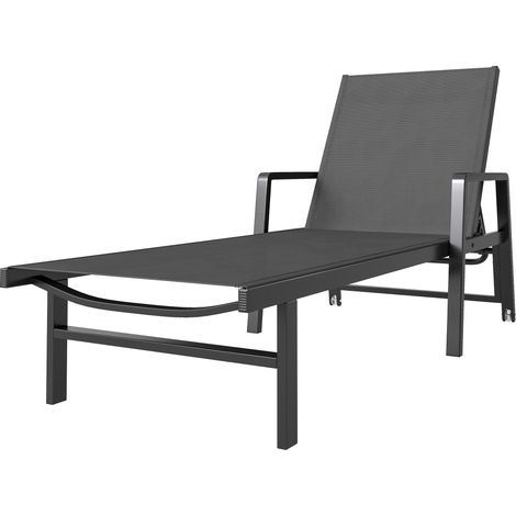 Chaise longue de jardin en textilène et aluminium, dossier réglable 4 positions, avec roues et accoudoirs, 65 x 189 x 80 cm, gris foncé (1/5)