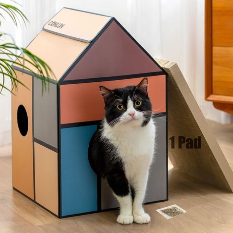Cat House with Scratching Board & Catnip, Easy to Assemble, Scratching Cave for Home Cats, Medium (1/5)