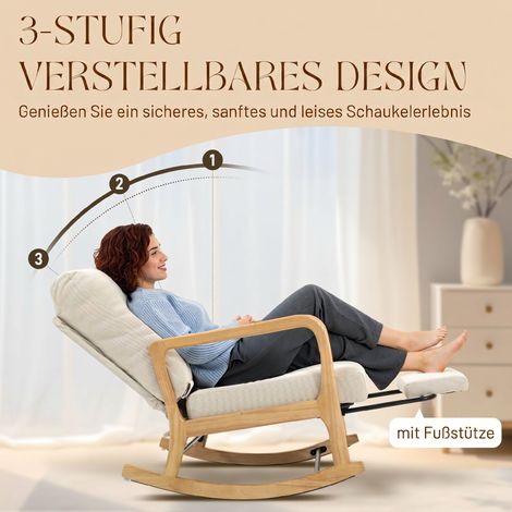 Fauteuil à bascule pivotant avec repose-pieds, dossier réglable et coussin lombaire, crème, pour salon et chambre (1/5)
