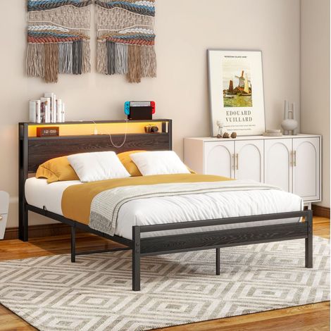 Cama con almacenamiento 120x200 cm, con carga USB, cabecero con estantes, MDF y metal negro (1/5)