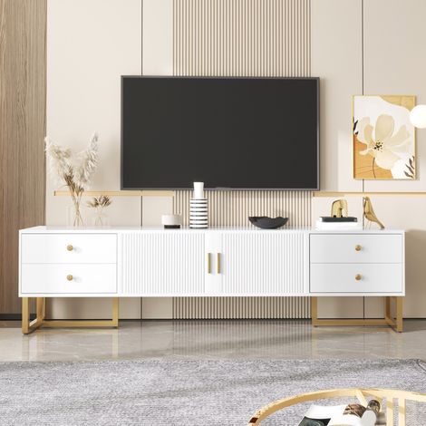 Meuble TV 175x30x46 cm, salon grand écran buffet bas design avec portes texturées et tiroirs pieds métal doré, 4 tiroirs 2 portes, Blanc (1/5)