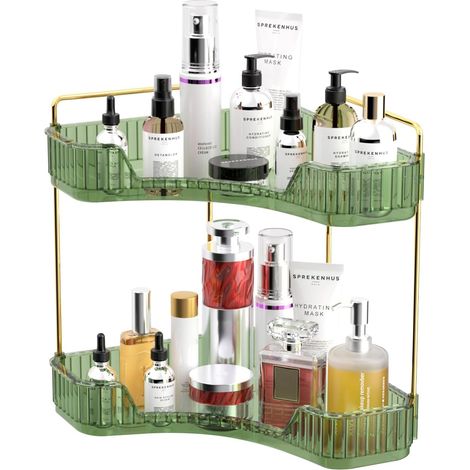 Organiseur de comptoir d'angle à 2 niveaux pour salle de bain, cuisine, commode, rangement de maquillage, organisateur de rangement d'angle pour salle de bain, cuisine, commode, vert (1/5)
