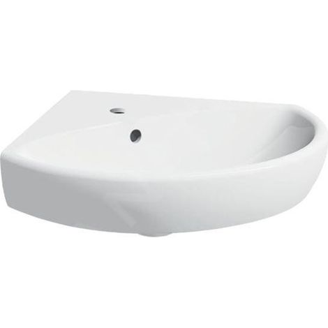 Geberit – Lave-main d’angle 590x560 mm – Céramique blanche – 1 trou de robinetterie – Trop-plein – Pour petites salles de bains (1/2)