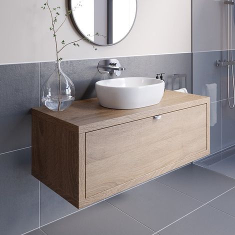 Bathroom Oak Wall Hung Vanity Unit and Basin Sink Cabinet Storage 1100mm with 480mm Oval White Basin