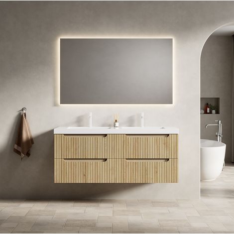 Mueble de baño suspendido de resina y madera color roble blanco, 120 cm, con 2 lavabos integrados y cajones soft-close (1/5)