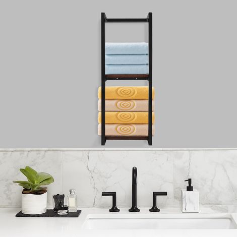 Etagère Murale de Rangement Salle de Bain en Bois et Métal, Serviteur de Douche à 2 Niveaux, Charge de 15kg, Porte-Serviette WC, Organisateur pour Salon, Cuisine, Marron Rustique (1/5)