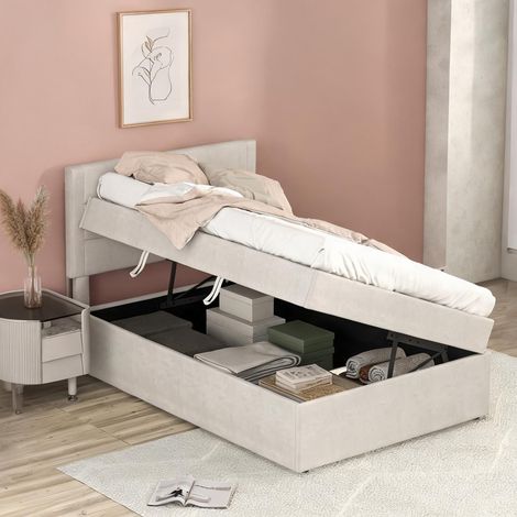 Cadre de lit beige en bois massif MDF 208 x 90 x 105 cm (1/5)