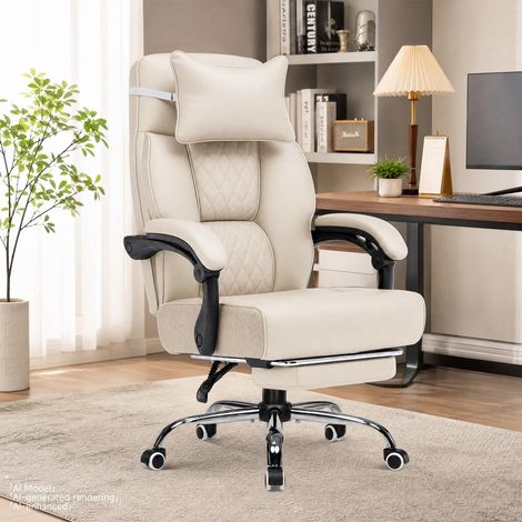 Chaise de gaming avec repose-pieds, multifonction, en cuir - Beige (1/5)