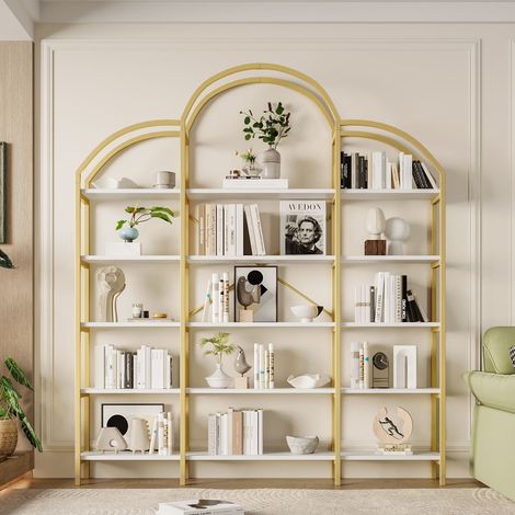 Étagère style simple forme nuage – Structure tube acier et MDF – 5 niveaux de rangement – Facile à monter et à nettoyer – 170×26×190 cm – Doré (1/5)