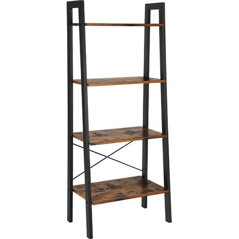 Bibliothèque, Étagère échelle, Étagère de Rangement à 4 Niveaux, Cadre en métal Stable, Montage Facile, pour Salon, Chambre, Cuisine, Marron Rustique et Noir (1/5)