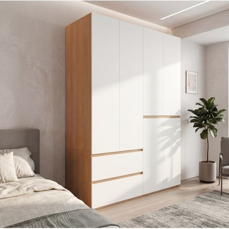 Armoire 6 portes 180x50x200 cm avec 2 penderies et 5 tiroirs, MDF et panneaux de particules blancs (1/5)