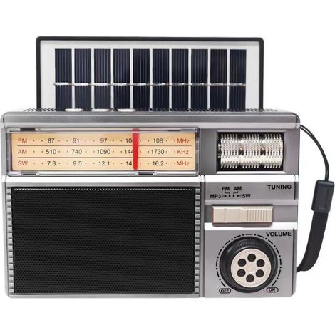Radio multifonctionnelle AM/FM/SW : Bluetooth, lecture carte TF/USB, recharge solaire – Portable pour extérieur,Argenté (1/3)
