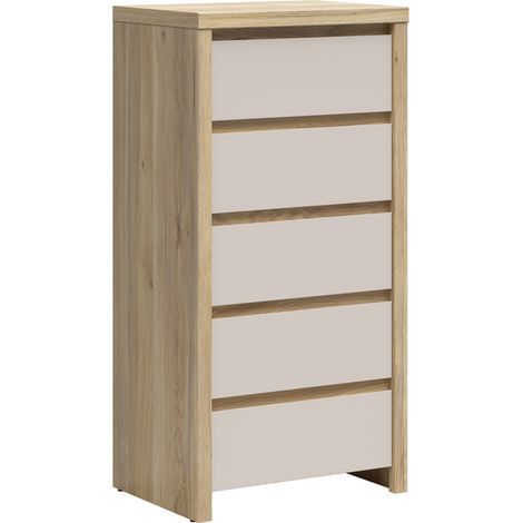 Chiffonnier 5 tiroirs meuble de rangement coloris Chêne mauvella/cachemire - Longueur 56 x Profondeur 40,5 x Hauteur 112,5 cm (1/4)