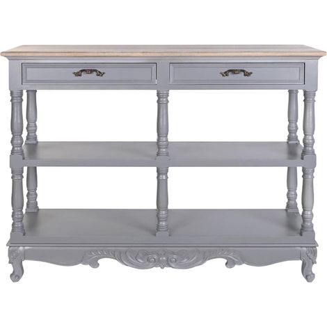 Commode, meuble de rangement en bois de paulownia et MDF coloris gris -Longueur 117 x Profondeur 39 x hauteur 89 cm -PEGANE- (1/5)