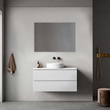 Mobile bagno sospeso cannettato 100 cm Bianco Opaco per Lavabo d'appoggio Specchio Quadro - Fiji Paint Top Canneté (1/4)