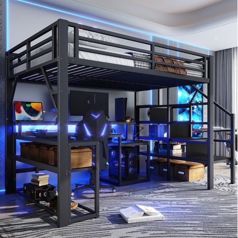 letto contenitore 140x200 con scrivania LED USB nero HAVRYA (1/5)