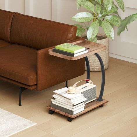 Table d'appoint en forme de C avec roulettes, plateau supérieur et étagère inférieure pour canapé ou lit, 52 x 34 x 60 cm, marron et noir (1/5)