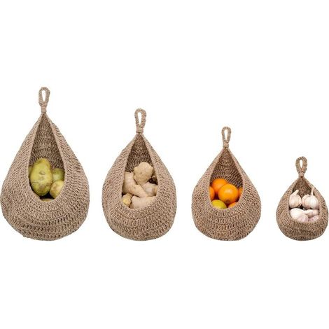 Lot de 4 paniers de rangement suspendus en forme de larme en jute tissé à la main pour garde-manger, panier de fruits et légumes à suspendre Boho (1/5)