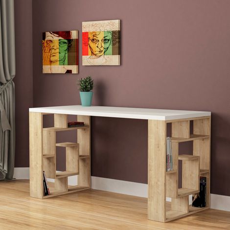 Decortie Labirent Modern Desk With Bookshelf Legs - White / Oak (1/3)