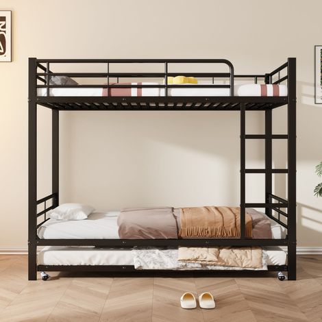 Lit superposé 90x200 cm et 90x190 cm en métal noir avec lit gigogne et barrières de sécurité – idéal pour enfants et adolescents (1/5)