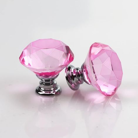 6 Poignée meuble, Cristal rose, Diamant 30mm, Verre K9, Pour armoire tiroir (1/5)
