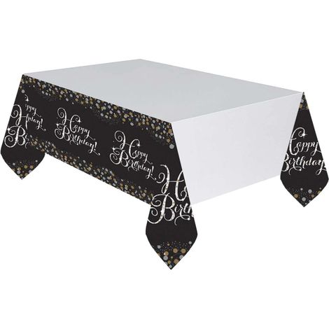 Nappe Joyeux anniversaire, 1 pièce, taille 120 x 180 cm, or, plastique, sparkling, paillettes, blanc avec motifs en noir et or, Joyeux anniversaire, confettis