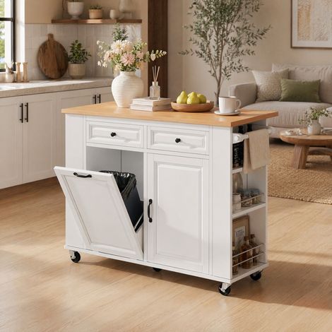 MEUBLIV Îlot de cuisine mobile blanc avec plateau extensible, prises intégrées et rangement (1/5)