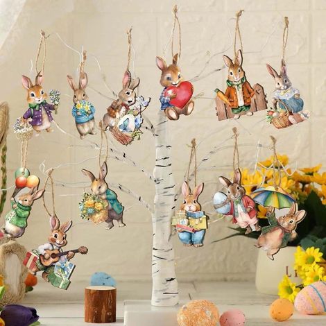 Ornement En Bois - Lapin Et Oeuf De Pâques - Décoration Suspendue Pour Arbre Intérieur - Lot De 12 Pièces (1/5)