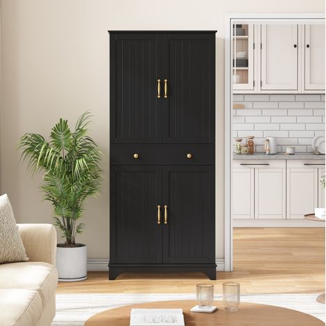 Armadio dispensa alto 77x40x181 cm nero in MDF con ripiani regolabili, cassetti e vano inferiore estraibile (1/5)