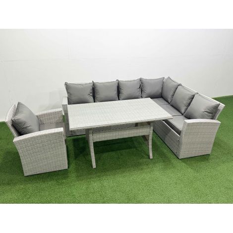 Fimous Rattan Garden Furniture Set Outdoor 7 Seater Patio Dining Corner Sofa Sets with Dining Table Chair Light Grey Mixed (1/4)